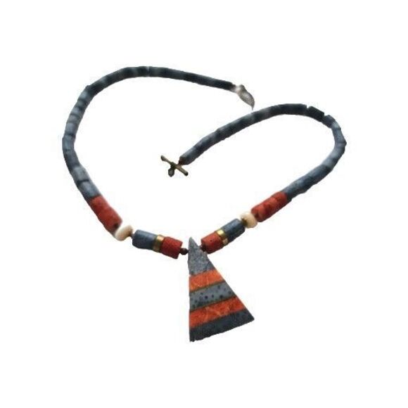 Vintage Heishi Tribal Southwestern Blue Red Coral Inlaid Spike Necklace 16"